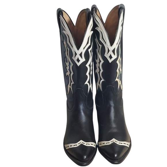 Boulet Black White Leather Glitter Overlays Pointed Toe Western Boots Women's - Picture 3 of 16